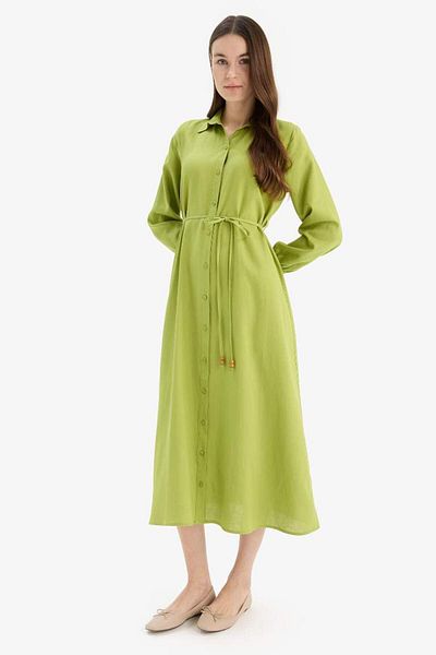 DeFacto New Season Shirt Collar Belted Linen Blend Long Sleeve Maxi Dress