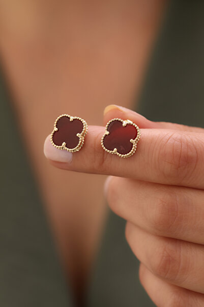 YAVUZ KUYUMCULUK 14 Ayar Altın Bordo Renkli Yonca Top Küpe