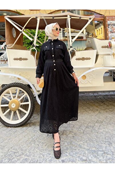 Modamorfo Tassel Detailed Pearl Buttoned Skirt Suit -Black