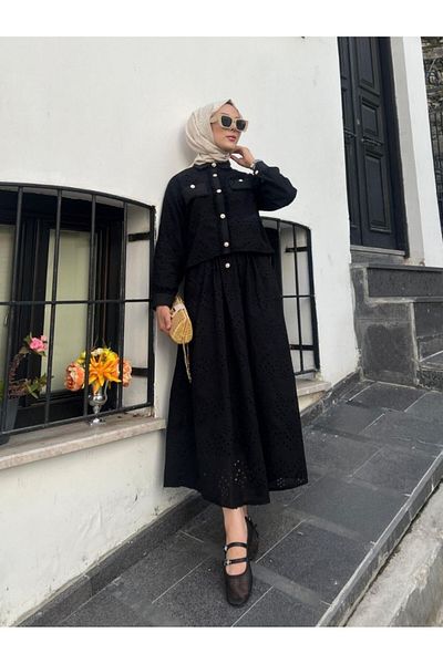 Modamorfo Σετ φούντα με λεπτομέρεια με μαργαριταρένια κουμπιά - Μαύρο