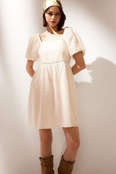DeFacto New Season Square Neck Cotton Short Sleeve Mini Dress