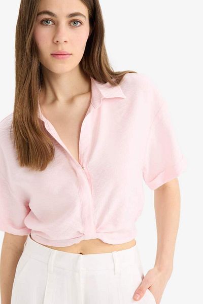 DeFacto Νέα σεζόν πουκάμισο με γιακά Crop Linen Look κοντομάνικη μπλούζα
