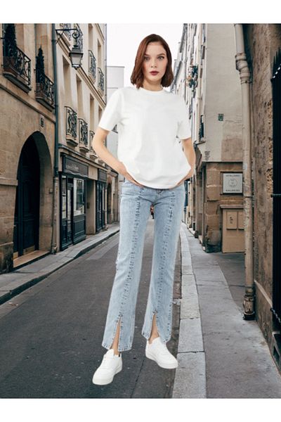 kotmodası Blugi de damă cu spălare în zăpadă, cu fantă în față, pantaloni din denim