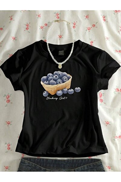 PALPİTO Women's Black Blueberry Printed Crew Neck Tight Crop Tshirt