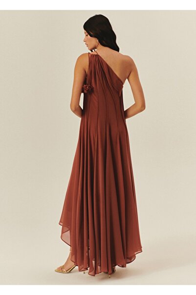 Exquise A-Line Pleated Brown Dress with Tie Detail