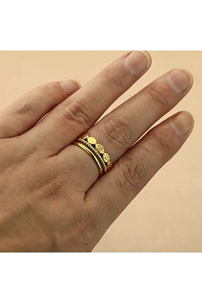 Siya Silver Kararmaz Üç Sıralı Gold Renk Ayarlanabilir Kadın Yüzük