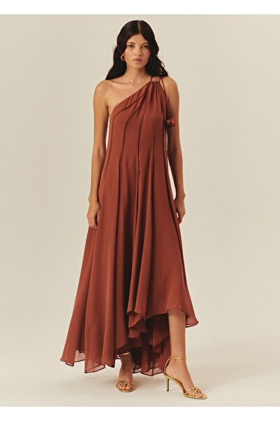 Exquise A-Line Pleated Brown Dress with Tie Detail
