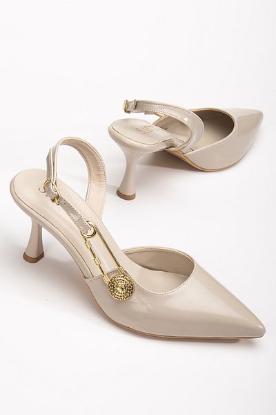 Brielfy Rev-2 Women's Premium Side Gold Buckle Button Pointed Toe Heeled Summer Shoes Stiletto