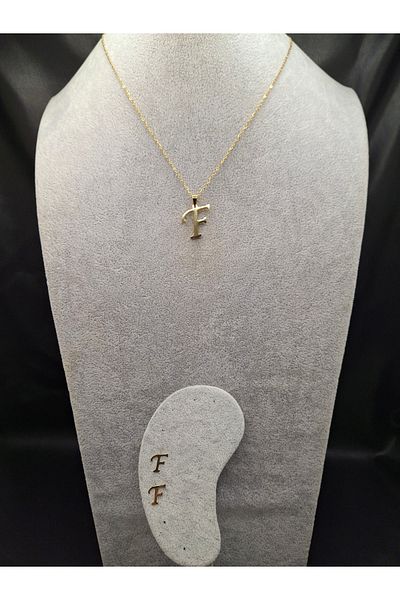 Han Ticarethane Gold Color Steel Letter F Necklace and Earring Set