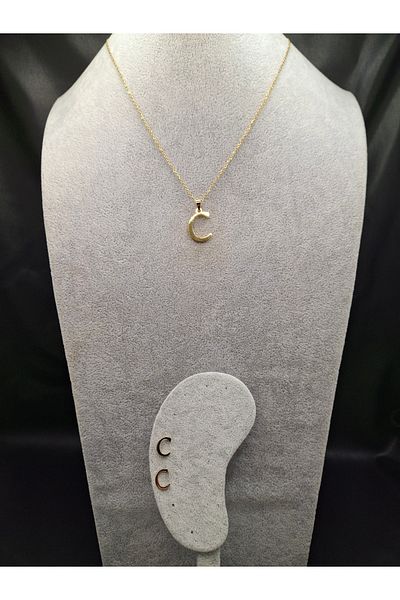 Han Ticarethane Gold Color Steel Letter C Necklace and Earring Set