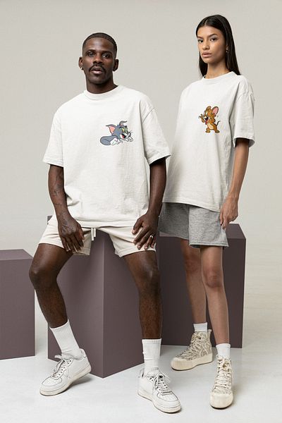 Pear Wear Μπλουζάκι Tom And Jerry Αγαπημένο ζευγάρι Σετ Λευκό Μπλουζάκι Ζευγάρι Oversize