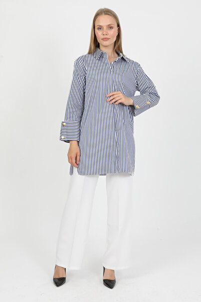 PASTELASTORE قميص نسائي طويل من قماش البوبلين المرن بنسبة 96% من القطن مع أكم...