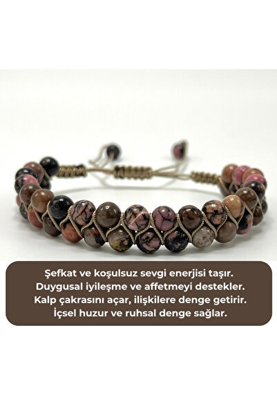 YILDIZ DOĞAL TAŞ SERTİFİKALI Rodanit Çift Sıra Doğal Taş Makrome Bileklik Ayarlanabilir Ölçü