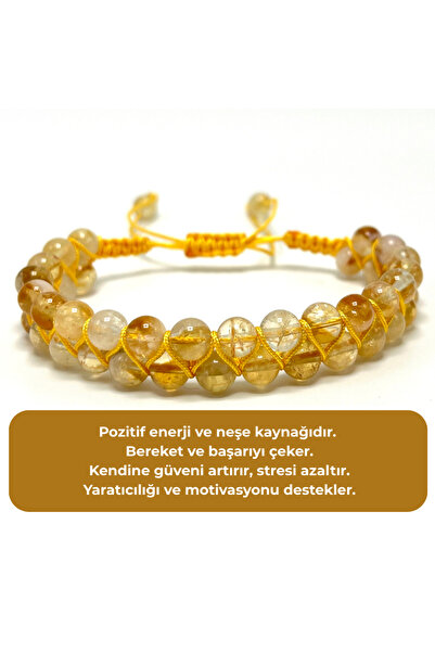 YILDIZ DOĞAL TAŞ SERTİFİKALI Sitrin Çift Sıra Doğal Taş Makrome Bileklik Ayar...