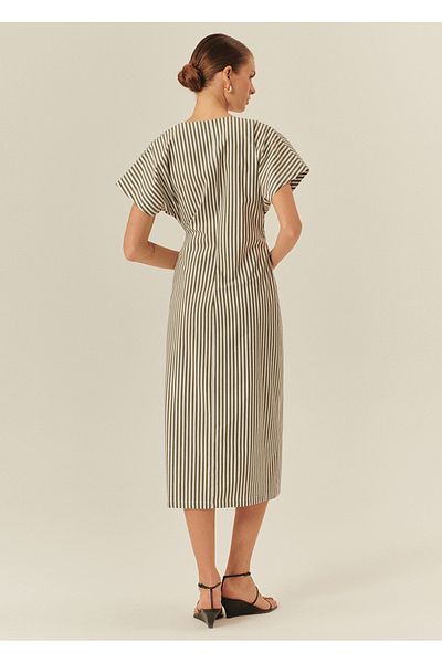 Exquise Stripe Patterned Double Breasted Model Cotton Midi Length Dress