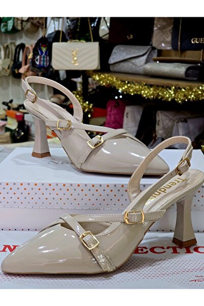 trendnisa حذاء نسائي من الجلد اللامع بكعب رفيع وحزام مزدوج