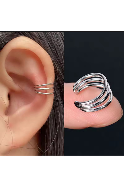 AychaAksesuar Çelik gümüş renk deliksiz geçirmeli 3’lü görünen kıkırdak küpe