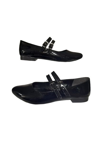CEYLANLAR Women's Ballerina Black Double Belted Patent Leather Lightweight Comfortable Stylish Business Office Daily Shoes