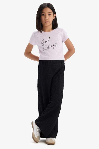 DeFacto Girls' Ribbed Camisole 2-Piece Set Printed Short Sleeve T-Shirt Wide Loose Leg Pants C3814A825Sm