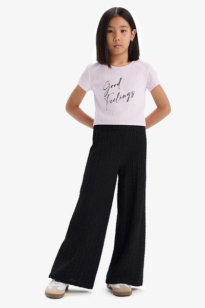 DeFacto Girls' Ribbed Camisole 2-Piece Set Printed Short Sleeve T-Shirt Wide Loose Leg Pants C3814A825Sm