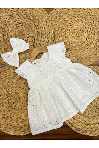 MONTİNA YAKA DETAYLI ASTARLI PREMIUM FİSTO BEBEK ELBİSESİ VE SAÇ BANDI