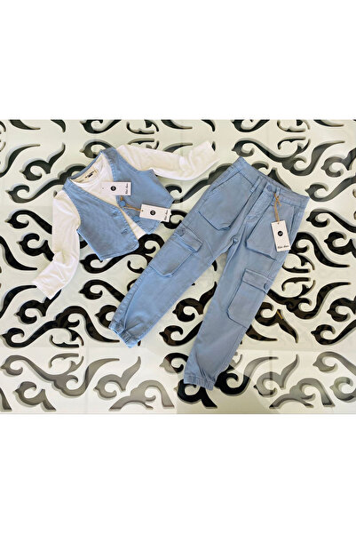 Marka Sensin Kids Girl's Special Design Denim Vest White Body Cargo Pocket Trousers 3 Piece Set