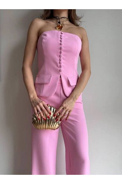 Misscix Women's Evening Dress Stylish Buttoned Strapless Vest Pants Suit - Evening Dress & Graduation Dress
