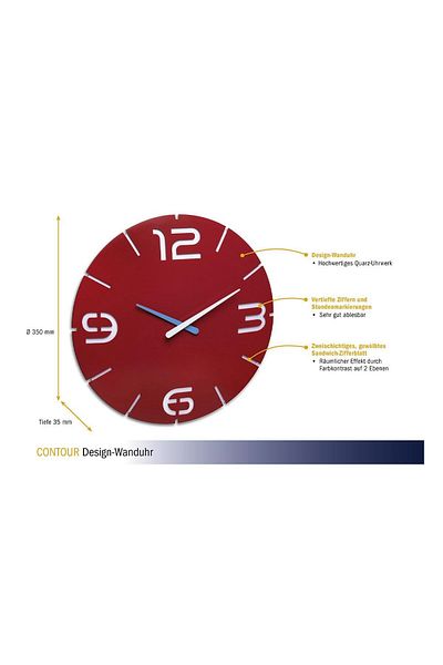 TFA Colorful Wall Clock, Analogue, Designer Created, Contour Model, Red, 60.3047.05