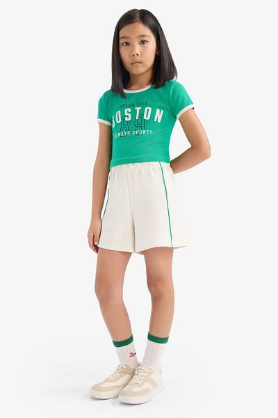 DeFacto New Season Girls' 2-Piece Suit Ribbed Camisole Printed Short Sleeve T-Shirt Waist