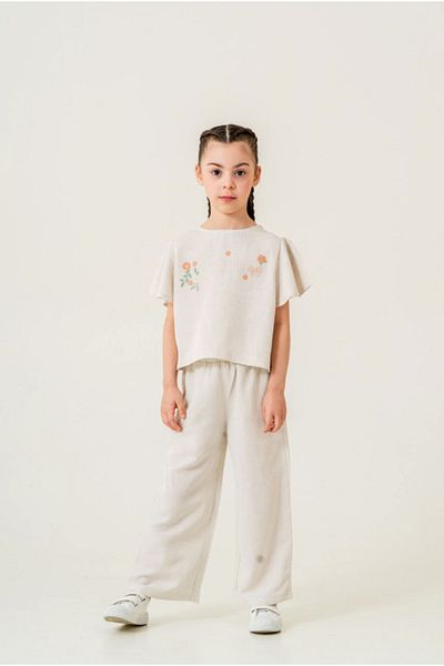 Marka Sensin Kids Cichlid Girl's Linen Custom Floral Printed T-Shirt Linen Wide Leg Pants 2-Piece Set