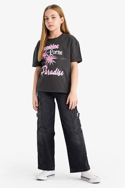 DeFacto New Season Girls' Relax Fit Crew Neck Slogan Printed Short Sleeve T-Shirt