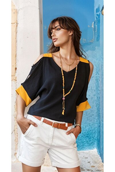 Kentsoylu Women's Color Block Low-Cut Sleeve Shoulder Low-Cut Casual Linen Blouse 2923220