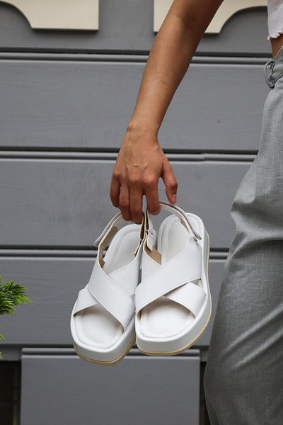 BeBeQ Store Fancy White Women's Sandals with Cross Detail on the Front and Buckle on the Back