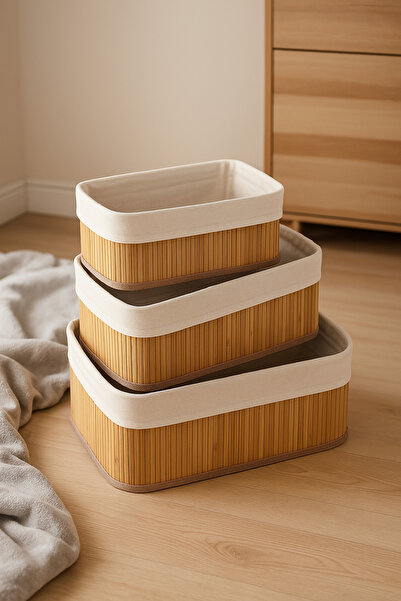 ela777 سلة مستطيلة متعددة الأغراض من الخيزران مكونة من 3 قطع