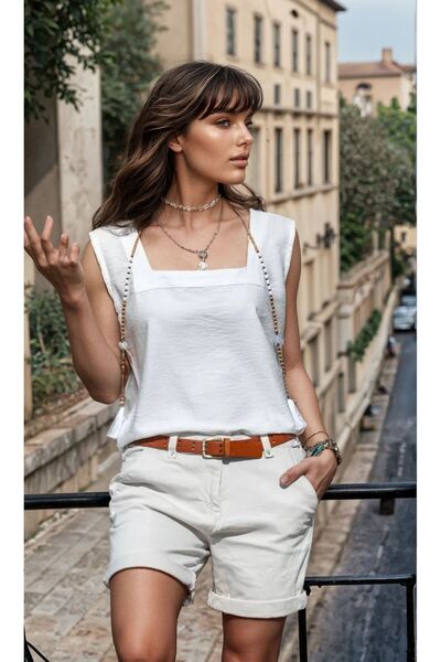 Kentsoylu Women's Square Neck Thick Strap Sleeveless Linen Short Sleeve Summer Casual Ecru Shirt Blouse 2911231