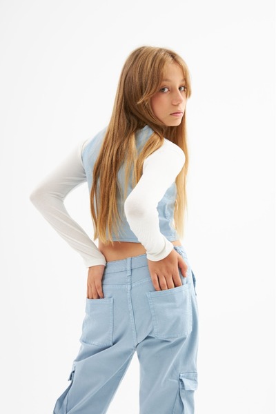 Marka Sensin Kids Girl's Special Design Denim Vest White Body Cargo Pocket Trousers 3 Piece Set