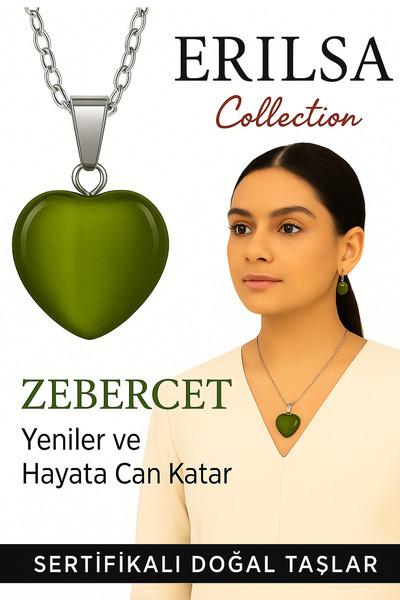 Erilsa Sertifikalı Kalp Model Zebercet (Peridot) Taşı Kolye – Şans, Arınma ve Kalp Açıcı Enerji