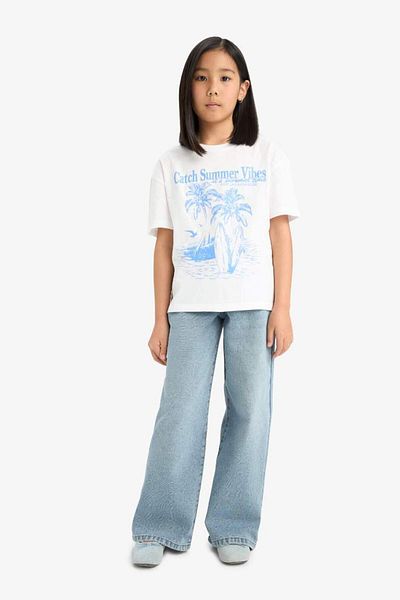 DeFacto Girls' Relax Fit Palm Printed Crew Neck Short Sleeve T-Shirt