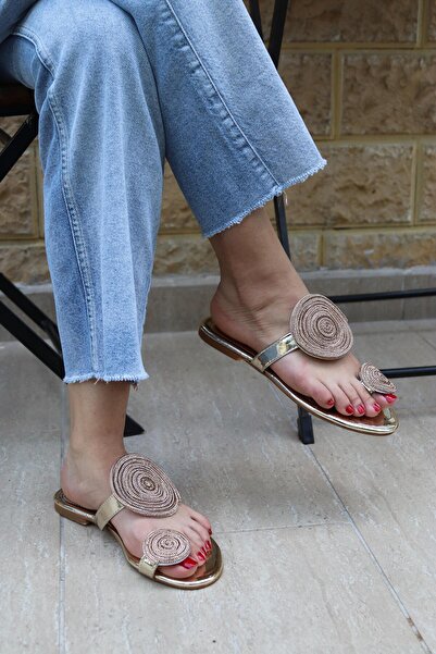 BeBeQ Store Zeyna Gold Mirror Flip-Flops Stone Detailed Women's Slippers