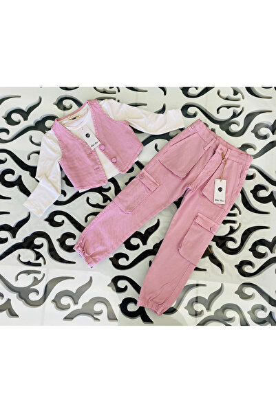 Marka Sensin Kids Girl's Special Design Denim Vest White Body Cargo Pocket Trousers 3 Piece Set