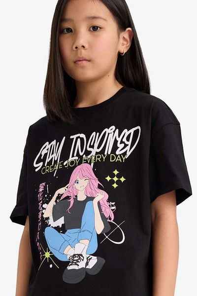 DeFacto New Season Girl's Oversize Wide Fit Crew Neck Printed Short Sleeve T-Shirt