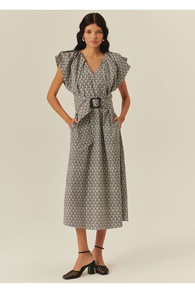 Exquise V Neck Straight Cut Patterned Mini Dress