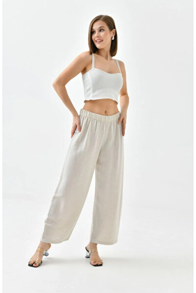 Elçelya Moda Women's Cream Linen Elastic Waist Comfortable Wide Leg Trousers