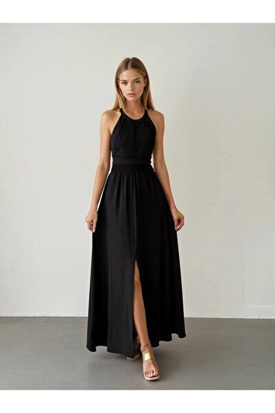 Misscix Kadın Abiye Önü Motifli Halter Yaka Yırtmaçlı Maxi Elbise - Abiye & M...
