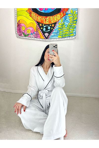 ByGamzeArman White Color Tie-Down Piping Detailed Double Breasted Combed Cotton Fabric Maternity Pajamas Set