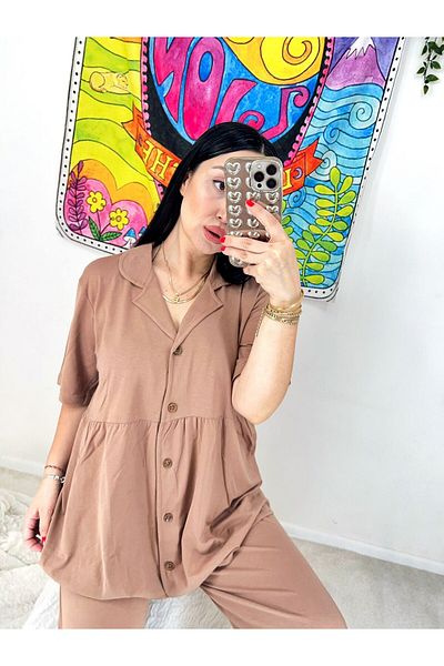 ByGamzeArman Brown Short-Sleeved Combed Cotton Fabric Maternity Maternity Pajamas Set (Wide Fit)