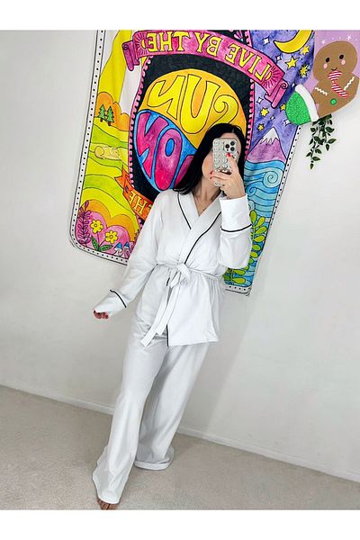 ByGamzeArman White Color Tie-Down Piping Detailed Double Breasted Combed Cotton Fabric Maternity Pajamas Set
