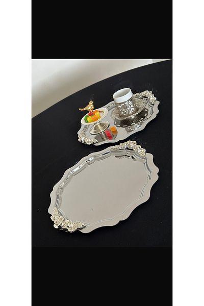 SEVA ÇELİK 2 Pcs Steel Round Wavy Silver Handle Service and Presentation Tray