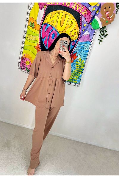 ByGamzeArman Brown Short-Sleeved Combed Cotton Fabric Maternity Maternity Pajamas Set (Wide Fit)
