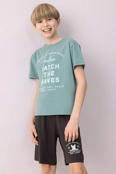 DeFacto New Season Men's Children's Pajama Set Printed Short Sleeve Top Elastic Waist Shorts